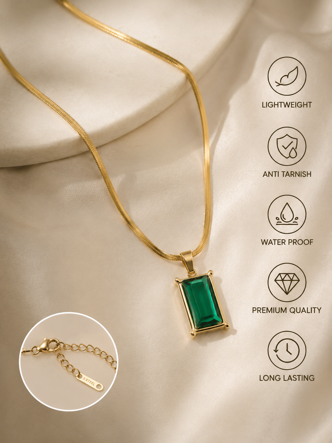Emerald Green Bar Pendant Necklace